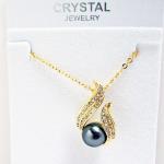 Gold Tone Elegant Midnight Faux Pearl Crystal Ribbon 18 inch Necklace.JPG